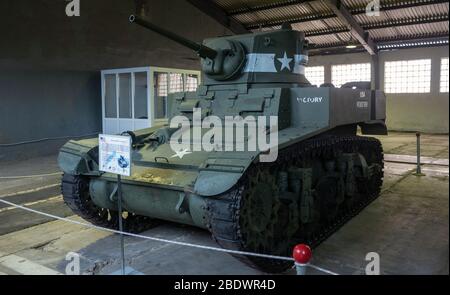 23 marzo 2019 Regione di Mosca, Russia. Serbatoio di luce americano del secondo periodo della guerra mondiale M3 Stuart nel Museo Centrale di armi e attrezzature blindate Foto Stock