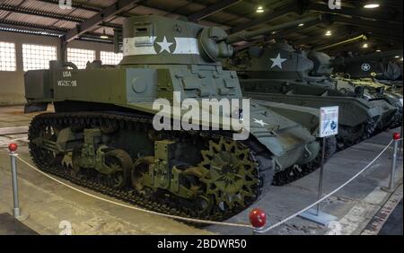 23 marzo 2019 Regione di Mosca, Russia. Serbatoio di luce americano del secondo periodo della guerra mondiale M3 Stuart nel Museo Centrale di armi e attrezzature blindate Foto Stock