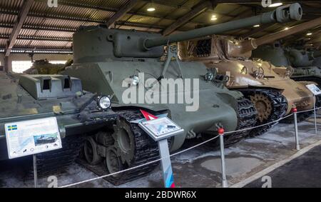 23 marzo 2019 Regione di Mosca, Russia. Il principale serbatoio americano medio del periodo della seconda guerra mondiale M4 Sherman nel Museo Centrale di armi blindate e. Foto Stock