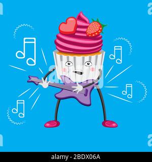 Cartoon torta di carattere con note di cuore di fragola di chitarra su uno sfondo isolato. Immagine vettoriale Illustrazione Vettoriale