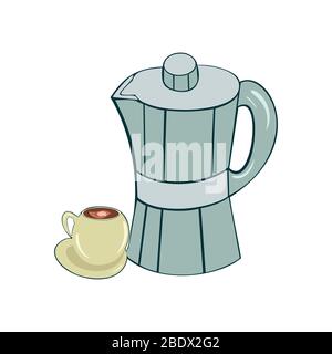 Una moka in vecchio stile per preparare caffè con una piccola tazza di espresso fresco. Isolato su sfondo bianco. Illustrazione Vettoriale