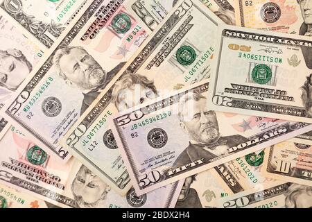 Dollari americani fatture sfondo, concetto di crisi finanziaria globale, coronavirus pandemico, rovina, chiusura, danni, perdita, orizzontale, vista dall'alto, fl Foto Stock