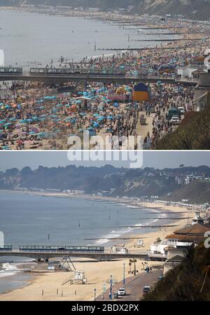 Foto composita di persone che godono il caldo tempo in una trafficata spiaggia di Bournemouth, Dorset, durante il weekend di Pasqua in banca 20/04/19 (in alto), e la vicina spiaggia deserta oggi (in basso), come il Regno Unito continua a bloccare per contribuire a frenare la diffusione del coronavirus. Foto Stock