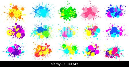 Spruzzi di colore. Vernice splash colorata, gocce di gocciolamento verniciate e colori astratti spruzzi set grafico vettoriale Illustrazione Vettoriale