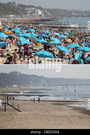 Foto composita di persone che godono il caldo tempo in una trafficata spiaggia di Bournemouth, Dorset, durante il weekend di Pasqua in banca 20/04/19 (in alto), e la vicina spiaggia deserta oggi (in basso), come il Regno Unito continua a bloccare per contribuire a frenare la diffusione del coronavirus. Foto Stock