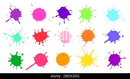 Colore vernice splatter. Macchie di inchiostro colorate, schizzi di vernici astratte e schizzi bagnati. Set di vettori di colorazione ad acqua o calce Illustrazione Vettoriale