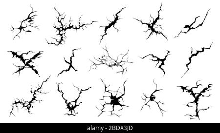 Crepa le silhouette. Set vettore di rottura nero per superficie delle uova e superficie danneggiata in vetro fessurato trafilato a mano Illustrazione Vettoriale