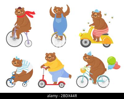 Cartoon biked orso. Orsi su triciclo per bambini, monociclo e bicicletta retrò. Bicicletta da corsa per animali, biciclette e set di illustrazione vettoriale per scooter Illustrazione Vettoriale