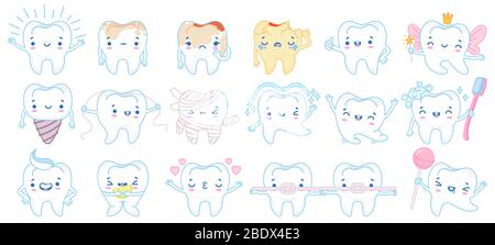 Mascotte con denti da cartone animato. Felici i personaggi sorridenti del trattamento dei denti, dentifricio e spazzolino da denti. Set di illustrazioni vettoriali per mascotte dentali Illustrazione Vettoriale