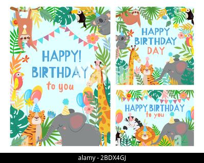 Cartoon Happy Birthday Animals Card. Congratulazioni carte con simpatico safari o giungla animali party in foresta tropicale vettore illustrazione set Illustrazione Vettoriale