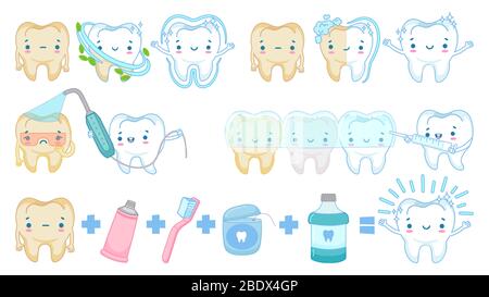 Denti di cartone animato sbiancante. Mascotte bianca a denti puliti, spazzolatura denti e set di illustrazione vettoriale a denti gialli tristi Illustrazione Vettoriale