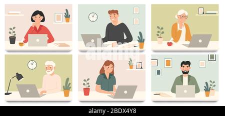 Lavorare con un computer portatile. Lavoratori aziendali, giovani e anziani che lavorano con notebook insieme di illustrazioni vettoriali Illustrazione Vettoriale
