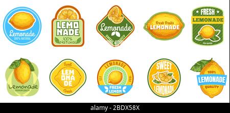 Etichetta di limonata. Spremuta naturale di limone, limonate di frutta fresca, badge bevande e set di adesivi per bevande dolci estive Illustrazione Vettoriale