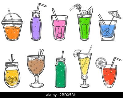 Abbozzare le bevande estive. Bicchiere di bevanda analcolica, succo di frutta freddo e coccali colorati disegnati a mano set di illustrazione vettoriale Illustrazione Vettoriale