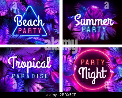 Poster sulla spiaggia al neon. Paradiso tropicale, notte di festa estiva e luminoso neon colore foglie illustrazione vettoriale set Illustrazione Vettoriale
