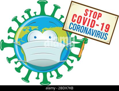 stop malvagio coronavirus personaggio cartoon con cartello Illustrazione Vettoriale