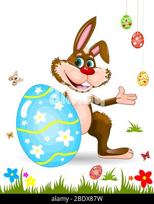 Cartone animato coniglietto pasquale. Uova di Pasqua, farfalle, fiori, erba. Carattere per il biglietto di auguri. Illustrazione Vettoriale
