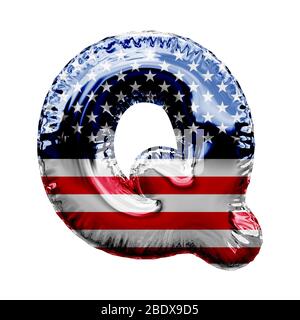 Lettera Q stelle e strisce caratteri a palloncino in foglio degli stati uniti. Rendering 3D Foto Stock
