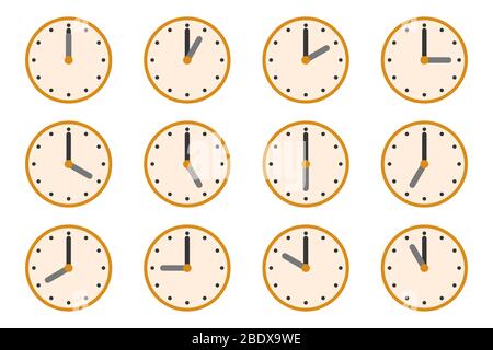 Set di orologi con orari diversi. Icona dell'orologio isolata. Illustrazione vettoriale. Icone del vettore di clock Illustrazione Vettoriale