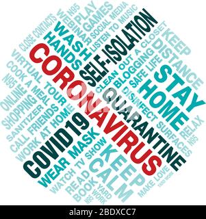 Coronavirus Self Isolation to Do List Word cloud per ridurre il rischio di cattura Covid-19. Segno vettoriale. Illustrazione Vettoriale