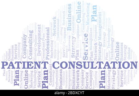 Tipografia di consultazione del paziente, word cloud vettoriale. Collage Wordcloud fatto solo con il testo. Illustrazione Vettoriale