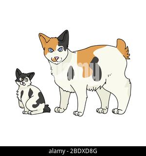 Carino cartoon giapponese Bobtail gatto e gattino vettore clipart. Razza di gattino genealogico per gli amanti del gatto. Gattino domestico di calico purefred per il salotto dell'animale domestico Illustrazione Vettoriale