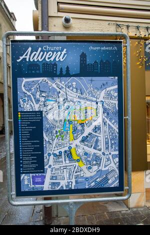 Coira, Svizzera - 21 dicembre 2019 - Mappa infografica dei luoghi più famosi della città vecchia di Coira, la città più antica della Svizzera Foto Stock