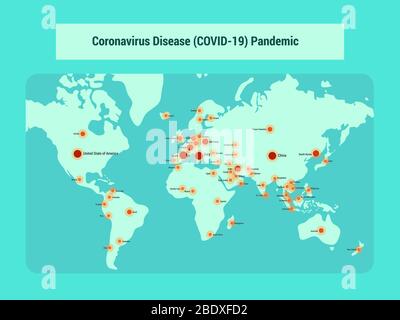 il mondo del virus corona covid-19 mappa il punto pandemico globale con il vettore di stile piatto moderno Foto Stock