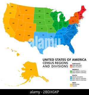 Stati Uniti, regioni e divisioni del censimento, mappa politica. Definizione di regione ampiamente utilizzata per la raccolta e l'analisi dei dati. Foto Stock