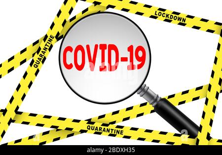 Covid-19 sotto una lente di ingrandimento e nastri di attenzione gialli isolati su bianco. Coronavirus pandemico. Illustrazione Vettoriale