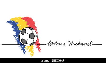 Benvenuti a Bucarest calcio, calcio banner. Sfondo vettoriale minimalista con disegno di palla da calcio e bandiera rumena con lettere. Illustrazione Vettoriale