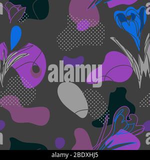 Motivo vettoriale scuro e colorato con fiori in stile memphis. Illustrazione Vettoriale