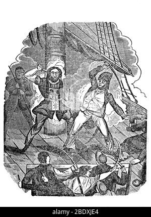 Morte del pirata inglese Blackbeard, 1718 Foto Stock