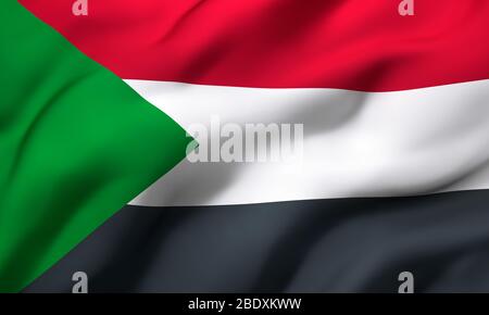 Bandiera del Sudan soffia nel vento. Bandiera di bandiera sudanese a pagina intera. Illustrazione 3D. Foto Stock