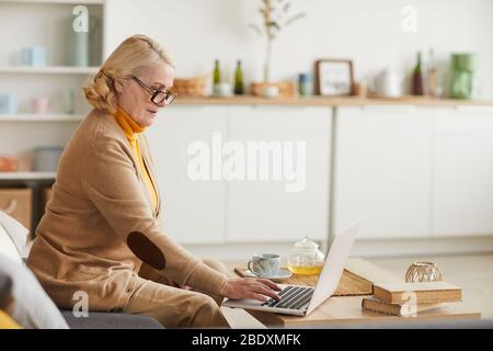 Donna anziana in occhiali seduti sul divano e con computer portatile durante il tempo libero a casa Foto Stock