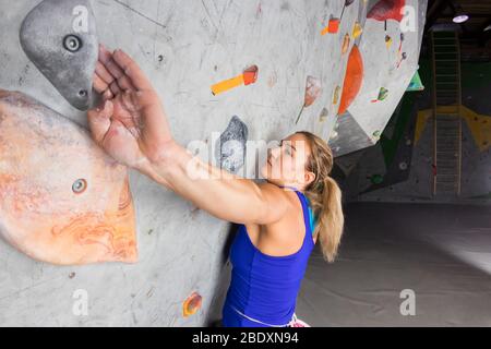 Donna scalatore di roccia appesa su una parete di arrampicata bouldering, all'interno su ganci colorati. Foto Stock