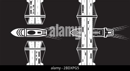 La nave da crociera e una nave cisterna passano sotto i ponti – illustrazione vettoriale Illustrazione Vettoriale