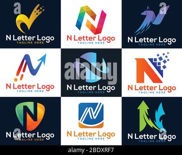 Disegno pixel art del logo N letter. Elementi del modello con icone e logo N letter. N modello di progettazione del logo Letter pixel Motion. Logo della lettera N. Illustrazione Vettoriale