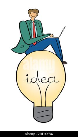 Uomo d'affari con computer portatile illustrazione vettoriale, wSitting su luminoso lampadina idea. Contorni neri e colorati. Illustrazione Vettoriale