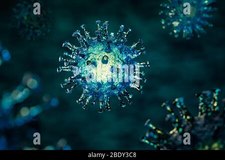 Rendering 3D: Virus Corona - immagine schematica dei virus della famiglia Corona in colore blu / verde. Messa a fuoco selettiva Foto Stock
