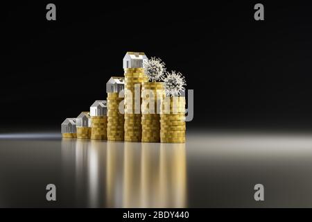 3d render: Concetto: È l'estremo aumento dei prezzi degli alloggi a causa della crisi corona? Pile di monete in aumento sormontate da case in acrilico Foto Stock