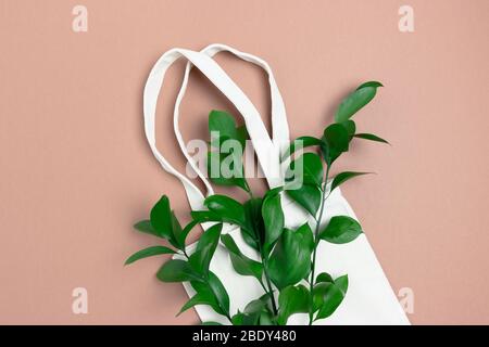 Bouquet di rami di rusco e borsa riutilizzabile. Concetto senza plastica. Foto Stock