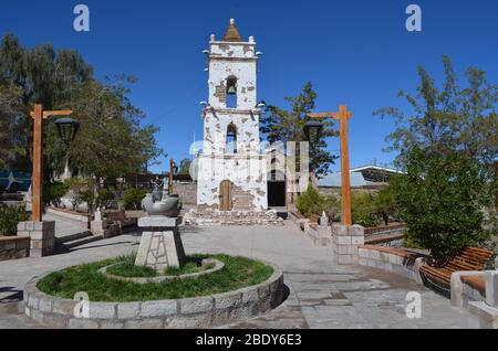 Il campanile della chiesa di San Lucas, Toconao. Cile Foto Stock