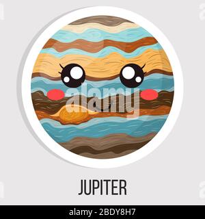 Cartoon carino pianeta giove isolato su sfondo bianco. Pianeta del sistema solare. Illustrazione vettoriale in stile cartoon per qualsiasi progetto. Illustrazione Vettoriale