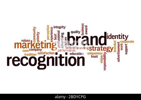 Concetto di cloud di parole di riconoscimento del marchio su sfondo bianco Foto Stock