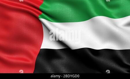 Illustrazione 3D della bandiera degli Emirati Arabi Uniti che sventola nel vento. Foto Stock