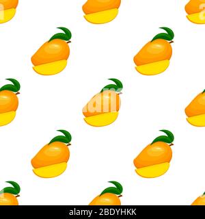 Motivo senza cuciture con fresco e luminoso esotico intero e mango a fette isolato su sfondo bianco. Frutta estiva per uno stile di vita sano. Frutta biologica. Auto Illustrazione Vettoriale
