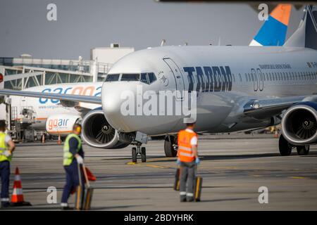 Otopeni, Romania - 9 aprile 2020: Aereo Tarom (la compagnia aerea operativa della Romania) sull'Aeroporto Internazionale Henri Coanda. Foto Stock