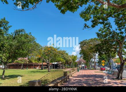 Light Street con il Padang Kota lama (Esplanade Park) sulla sinistra, vecchio quartiere coloniale, George Town, Penang, Malesia Foto Stock