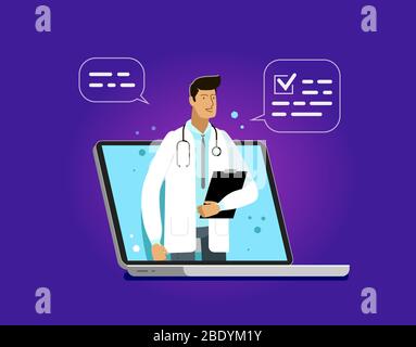 Servizi medici forniti tramite un'applicazione su computer portatile. Illustrazione del vettore di salute Illustrazione Vettoriale